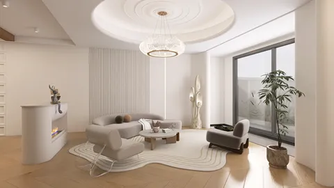 modern living room design featuring a cozy sofa arrangement with elegant lighting, showcasing a minimalist style that enhances spacious value while utilizing Homestyler's real-time 3D rendering feature.