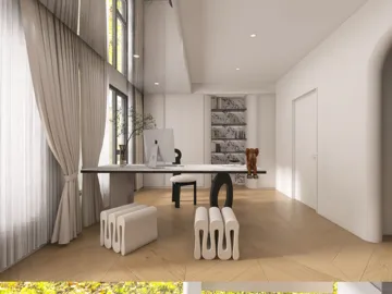 modern office setup featuring a sleek desk and ergonomic chair, showcasing minimalist design elements and ample natural light, incorporating Homestyler's real-time 3D rendering for accurate visualization.