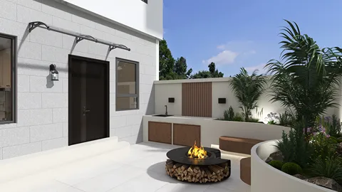 outdoor patio area featuring a cozy fire pit and stylish seating arrangement with modern landscaping, showcasing a contemporary design that highlights outdoor living spaces, while utilizing Homestyler's real-time 3D rendering for an immersive preview.