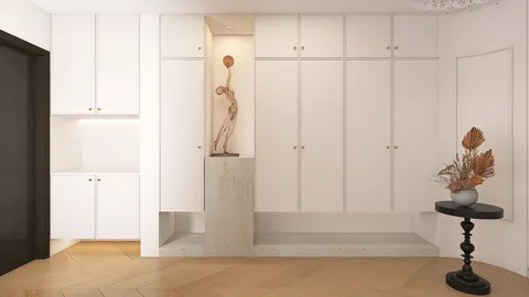 modern entryway design featuring sleek cabinetry and a sculptural display, enhancing space utility with interior decor ideas; utilizing Homestyler's real-time 3D rendering for a quick design preview.