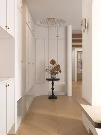 modern hallway design featuring elegant furniture arrangement in a minimalist style with a focus on space optimization using Homestyler's smart furniture placement feature.