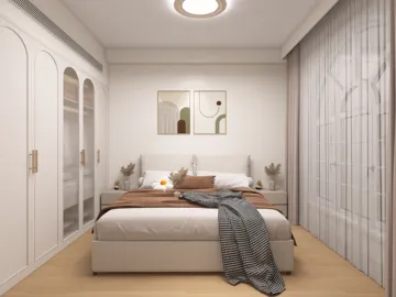 modern bedroom design featuring a cozy bed arrangement with intelligent space optimization, showcasing a minimalist style with warm tones and natural light, utilizing Homestyler's real-time 3D rendering for an accurate visualization.