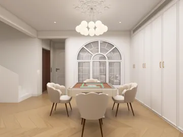 dining room with a white table and elegant chairs, designed in a modern minimalist style, showcasing a cozy dining atmosphere; features Homestyler's real-time 3D rendering for design preview.