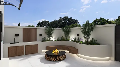 outdoor seating area featuring a circular fire pit with wooden accents, designed for relaxation in a contemporary style garden, showcasing Homestyler's real-time 3D rendering feature