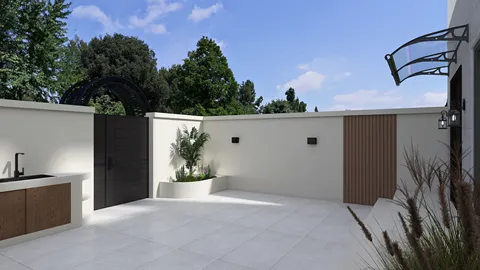 outdoor patio design showcasing modern furniture arrangement in a contemporary style with a focus on enhancing outdoor living space using Homestyler's real-time 3D rendering feature.