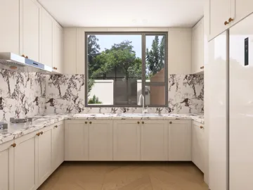 modern kitchen with creamy cabinets and marble backsplash showcasing a spacious layout and natural light, emphasizing interior decor design efficiency with real-time 3D rendering feature of Homestyler.