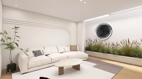 modern living room featuring a cozy sectional sofa with decorative cushions, styled with a minimalist approach, showcasing a harmonious blend of indoor greenery and natural light, ideal for interior decor discussions in Homestyler.