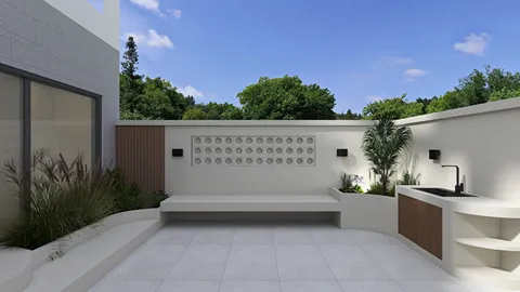 outdoor patio seating area featuring minimalist design and lush greenery in a tranquil garden space; utilizing real-time 3D rendering for an accurate visual representation in Homestyler.