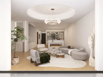 modern living room design featuring a cozy seating arrangement and elegant lighting, showcasing interior decor ideas for a contemporary space using Homestyler's real-time 3D rendering feature.