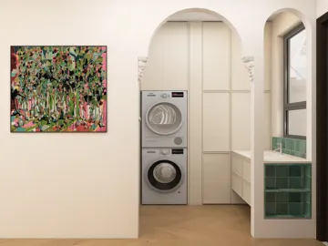 Laundry room with washing machine and dryer installed, featuring modern decor and a colorful art piece, enhancing the utility space with Homestyler's real-time 3D rendering for optimal design visualization.