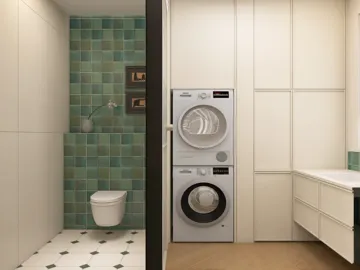 laundry room with washing machine arrangement optimizing space in a modern design style, featuring functional interior decor using Homestyler's real-time 3D rendering capabilities.