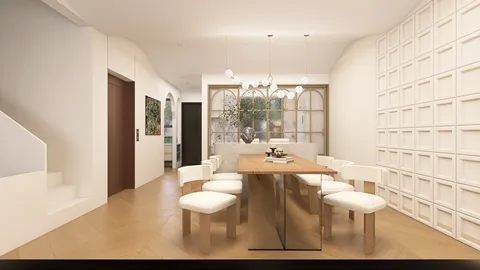 dining room with modern wooden table and white chairs designed for a cozy open space, featuring interior decor elements and using Homestyler's real-time 3D rendering for effective design visualization.