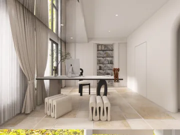 Modern home office design featuring a sleek desk setup with minimalistic decor, illuminated by natural light streaming through large windows, showcasing the use of Homestyler's real-time 3D rendering for an accurate design preview.