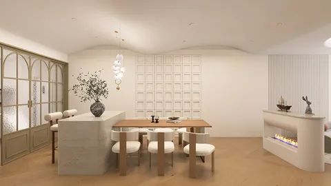 dining area with elegant furnishings showcasing modern decor style featuring a minimalist dining table arrangement, utilizing Homestyler's real-time 3D rendering for design visualization.