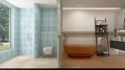 modern bathroom design featuring a glass shower and a stylish freestanding bathtub, creating a serene space; includes interior decor elements such as patterned tiles and sleek cabinetry; optimized with Homestyler's real-time 3D rendering feature for quick visualization.