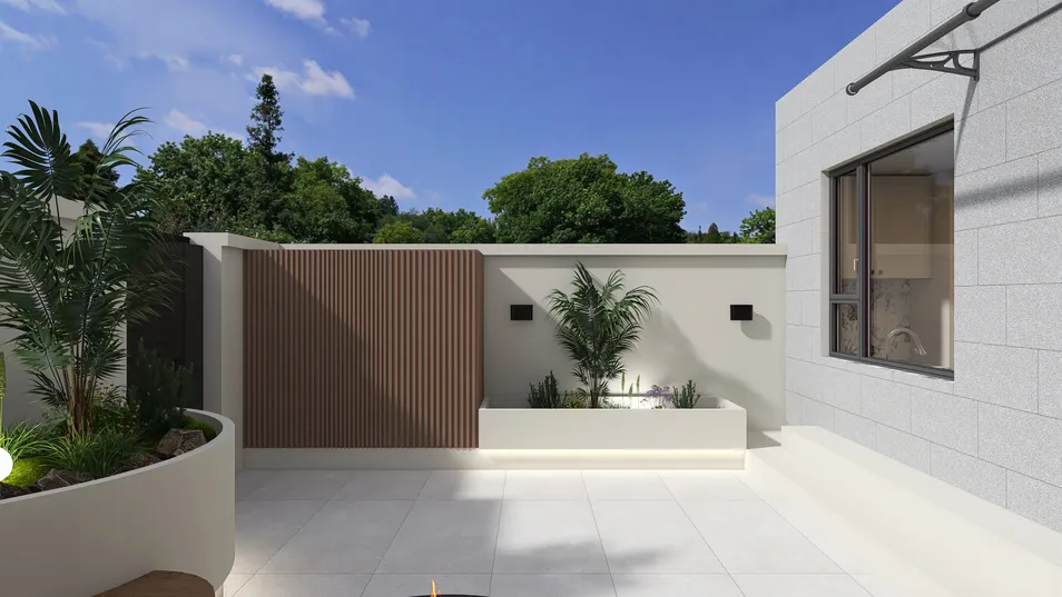 outdoor patio design featuring contemporary landscaping and modern furnishings, showcasing a stylish space for relaxation and entertainment using Homestyler's real-time 3D rendering feature.