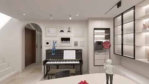 a grand piano placed in a modern living room, showcasing a minimalist design style with an emphasis on elegance, featuring interior decor elements and smart furniture arrangement capabilities from Homestyler.
