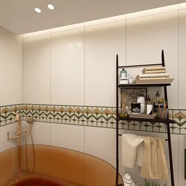 modern bathroom design featuring a stylish bathtub with decorative tile accents and a minimalist shelving unit, showcasing a harmonious blend of functionality and aesthetics, utilizing Homestyler's real-time 3D rendering for an accurate preview.