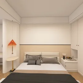 modern bedroom design featuring a cozy layout with stylish bedding in a neutral color palette, utilizing Homestyler's real-time 3D rendering for an accurate visualization of interior decor concepts.