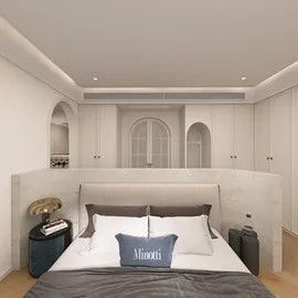 modern bedroom interior design featuring a minimalist layout with elegant furnishings and neutral tones, showcasing Homestyler's real-time 3D rendering feature for a quick design preview.