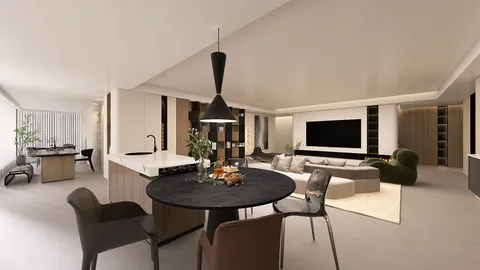modern living room interior design featuring a stylish dining area with a circular black table and sleek chairs, showcasing a contemporary aesthetic and spacious layout, utilizing Homestyler's real-time 3D rendering for immediate design visualization.