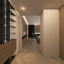Modern hallway design featuring sleek wood cabinetry and ambient lighting, optimizing space with interior decor elements, utilizing Homestyler's real-time 3D rendering functionality.