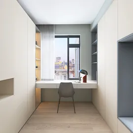minimalist home office design featuring a streamlined desk and shelving arrangement, showcasing an efficient use of space with a serene city view, utilizing Homestyler's real-time 3D rendering feature.