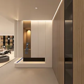 Modern stylish interior featuring a minimalist entryway design with a wooden feature wall and ambient lighting, showcasing a contemporary aesthetic and optimizing small space functionality with Homestyler's real-time 3D rendering.