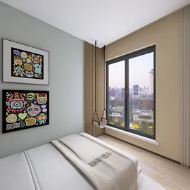 bedroom with colorful artworks and large window, featuring modern decor and a cozy atmosphere, utilizing Homestyler's real-time 3D rendering for visualization