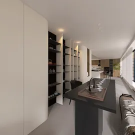 modern kitchen with open shelving and a sleek countertop for efficient space utilization and contemporary interior decor, showcasing Homestyler's real-time 3D rendering feature