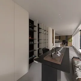 modern kitchen layout featuring a sleek island with minimalist design, showcasing efficient space utilization; using Homestyler for real-time 3D rendering to visualize the interior decor elements.