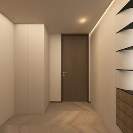 minimalist hallway featuring stylish wall panels and lighting, enhancing the spacious feel, designed with Homestyler's real-time 3D rendering for quick preview.