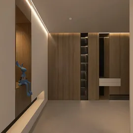 minimalist room design showcasing wooden paneling and modern fixtures, featuring a realistic 3D rendering using Homestyler's real-time 3D rendering feature for an enhanced visualization experience.