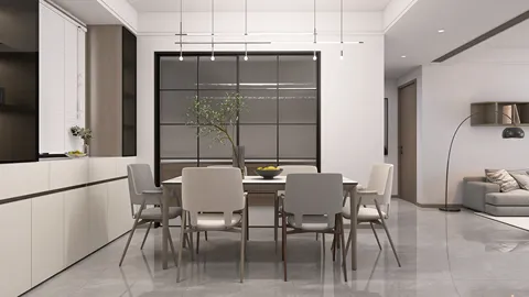 modern dining area featuring a sleek dining table with minimalistic chairs, showcasing a contemporary style, optimized for small space dining arrangements in Homestyler with real-time 3D rendering.