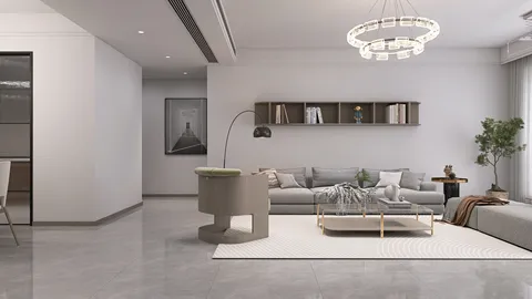 modern living room featuring a cozy sofa and elegant coffee table, designed using Homestyler for realistic 3D rendering, showcasing contemporary interior decor style with a focus on spaciousness and light.