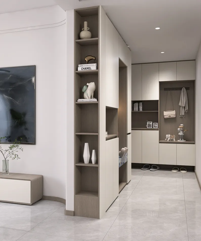 modern hallway with built-in shelving and cabinetry showcasing organized interior decor optimizing functionality using Homestyler's real-time 3D rendering feature