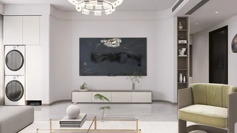 modern living room featuring a stylish media console and laundry area, showcasing a minimalist design with elegant decor, ideal for enhancing interior layout using Homestyler's real-time 3D rendering feature.