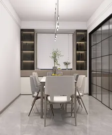 modern dining area featuring a sleek table setup with white chairs, implementing smart furniture arrangement, showcasing minimalist design style for optimal space utilization