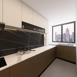 modern kitchen design featuring sleek cabinetry and marble countertops, optimizing small space layout with intelligent furniture placement for efficient cooking and dining, utilizing Homestyler's real-time 3D rendering functionality.