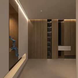 modern interior space featuring wooden wall panels and minimalistic design showcasing a vibrant blue sculpture, utilizing Homestyler's real-time 3D rendering for design proposals.