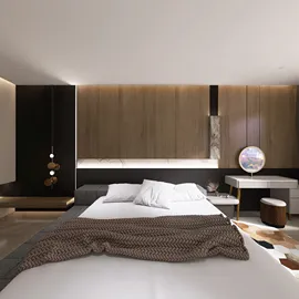 modern bedroom design featuring a minimalist layout with a stylish bed and chic nightstand, utilizing Homestyler's real-time 3D rendering for effective interior decor visualization.