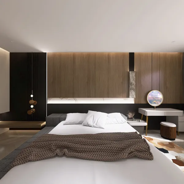 modern bedroom design featuring a cozy bed and stylish furnishings, showcasing minimalist style and optimized space with Homestyler's real-time 3D rendering.