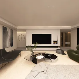 modern living room design featuring sleek furniture arrangement and minimalistic decor, showcasing interior design optimization with Homestyler's real-time 3D rendering feature.