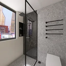 Contemporary bathroom shower design featuring a sleek glass enclosure and modern fixtures with a city skyline view, utilizing Homestyler's real-time 3D rendering for visualizing interior decor.