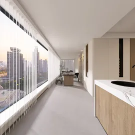 Modern open kitchen design featuring large windows with city views, showcasing a contemporary minimalistic style and optimized layout using Homestyler's real-time 3D rendering feature.