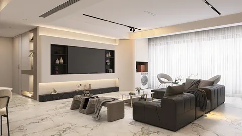modern living room with stylish furniture showcasing interior design in a contemporary style, featuring Homestyler's real-time 3D rendering functionality.