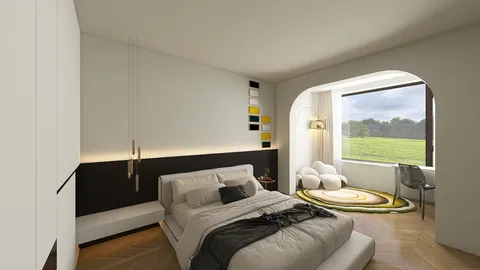 Contemporary bedroom design featuring a minimalist layout with a cozy bed and accent wall, optimized for spacious living. Utilizes Homestyler's 3D rendering to visualize design concepts effectively.