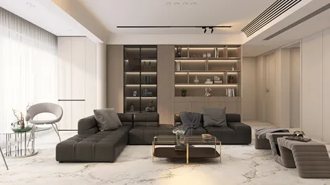 modern living room interior design featuring a sectional sofa and stylish coffee table, highlighting elegant decor elements, utilizing Homestyler's real-time 3D rendering for effective design visualization.