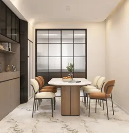modern dining area featuring a round table with upholstered chairs, showcasing a contemporary design style, enhancing the space value for family gatherings, utilizing Homestyler's 3D rendering feature for realistic previews.