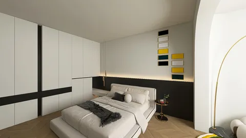 modern bedroom design featuring a minimalist aesthetic with smart furniture arrangement, showcasing Homestyler's 3D rendering functionality for interior decor optimization.